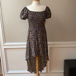 NWT A.U.W. Floral High Low Ruched Dress Spring Blue Mustard Burnt Orange Cowgirl